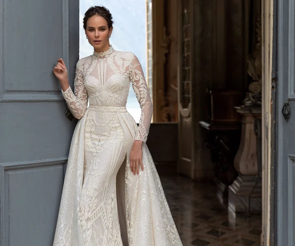 wedding dresses with high neck and long sleeves Daniela Sleeve Dress Detachable Overskirt, US 16 / Ivory Tradition from the front V-Neck Mini Mesh Floral Color:Black / Cherries autumn fashion