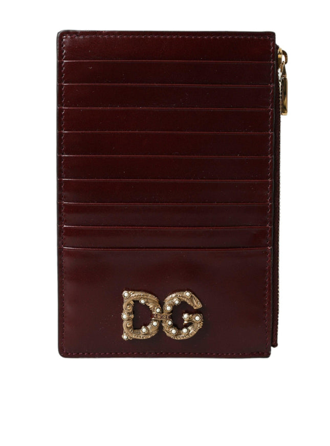 Dolce & Gabbana Maroon Leather DG Amore Zip Card Holder Wallet - Ellie Belle