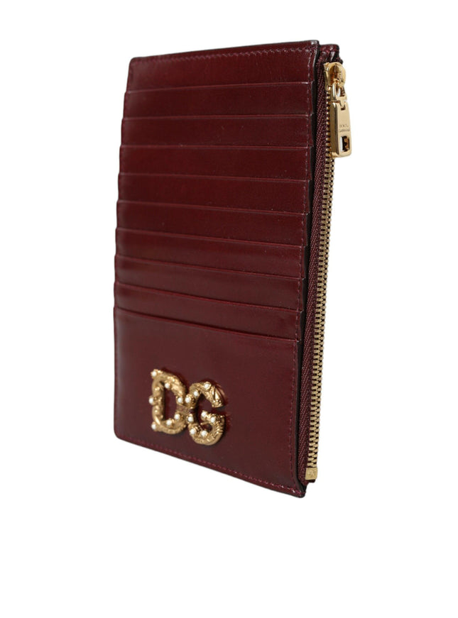 Dolce & Gabbana Maroon Leather DG Amore Zip Card Holder Wallet - Ellie Belle