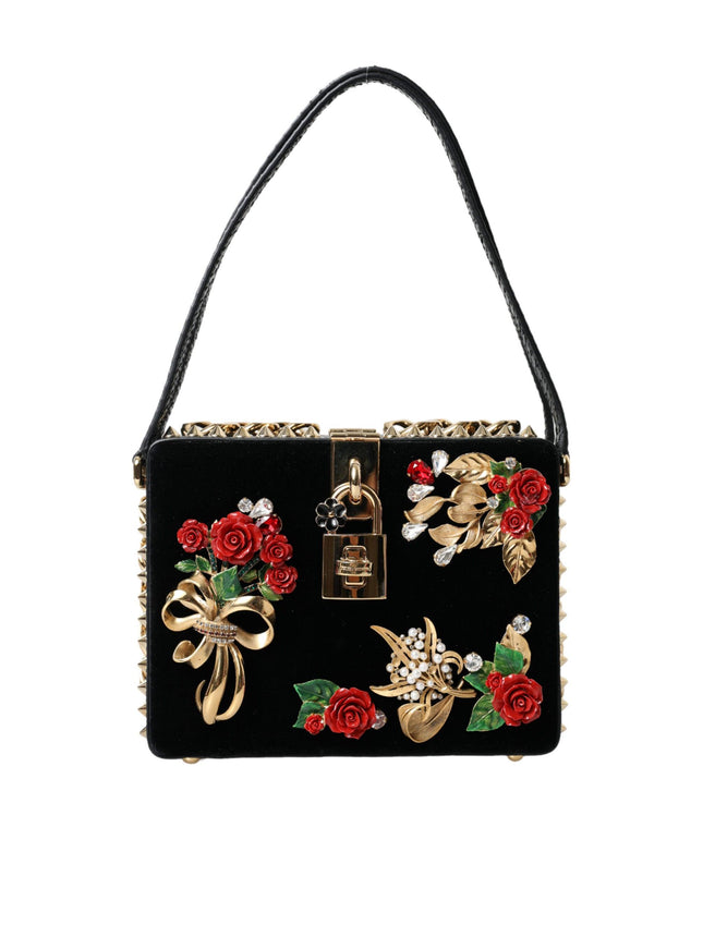 Dolce & Gabbana Black Floral Padlock Leather Crystal Velvet Clutch BOX Bag - Ellie Belle