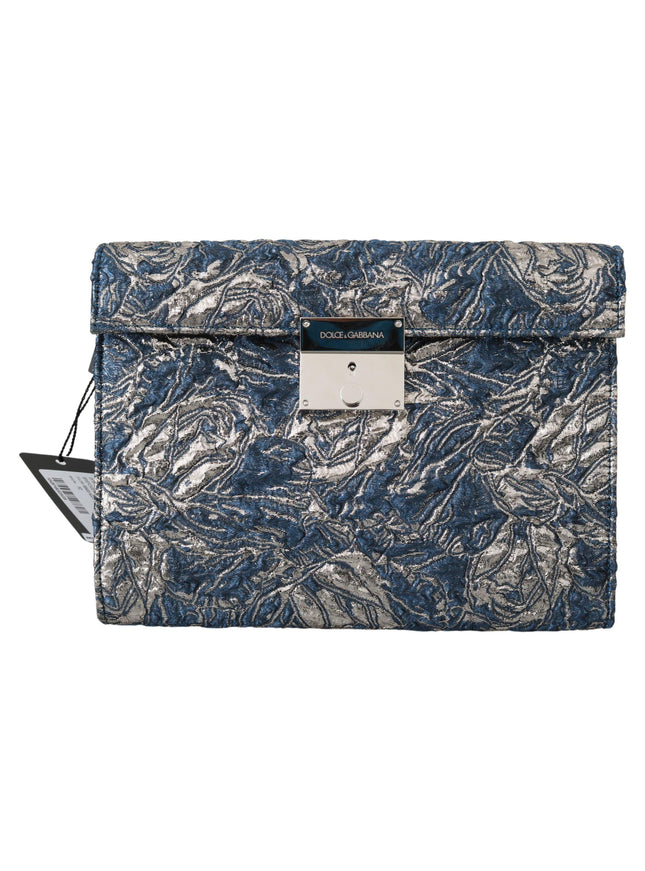 Dolce & Gabbana Blue Silver Jacquard Leather Document Briefcase Bag - Ellie Belle