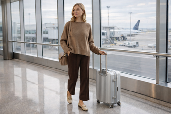 a woman in the airport wearing a stylish outfit