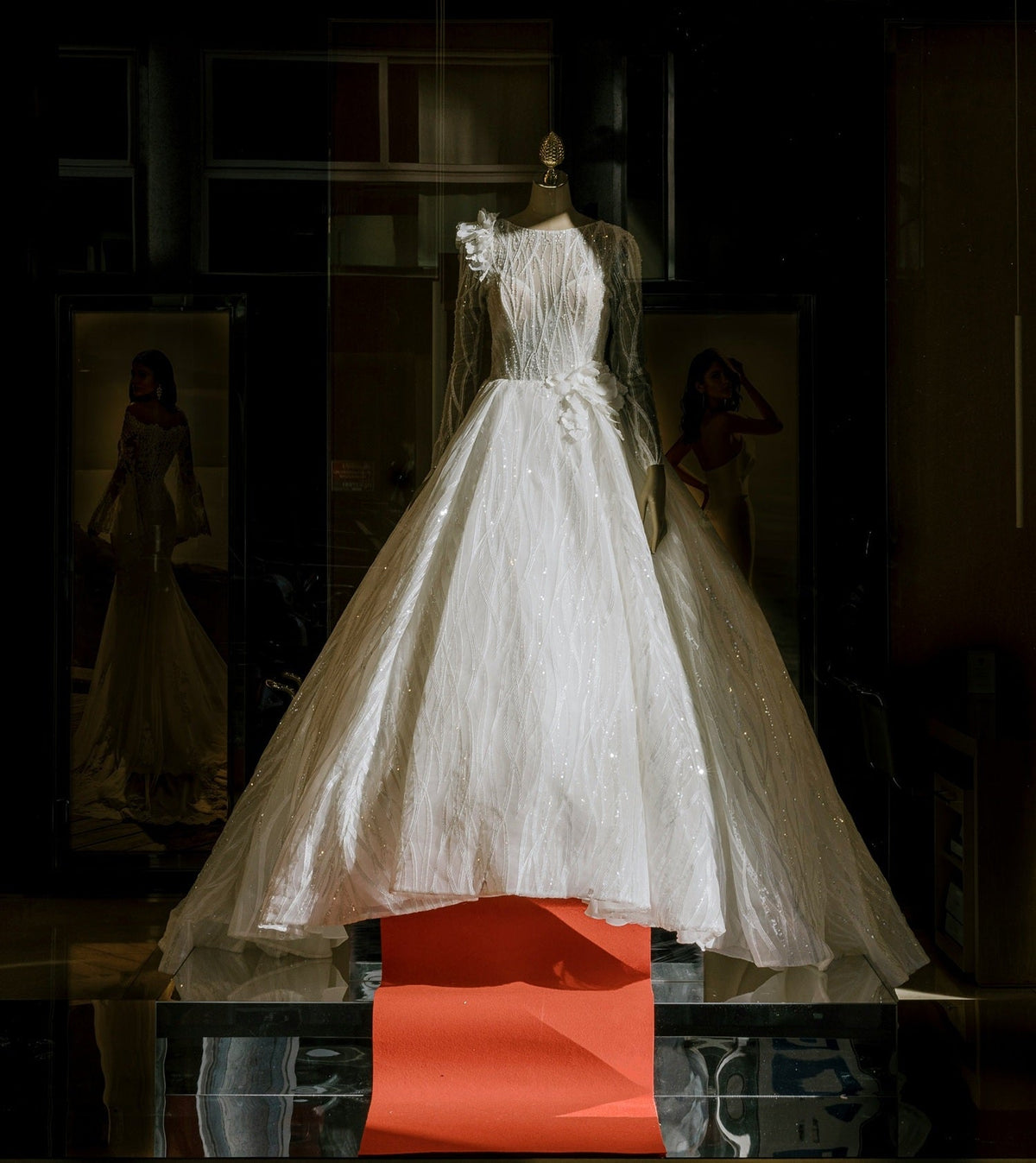 A bridal gown on display