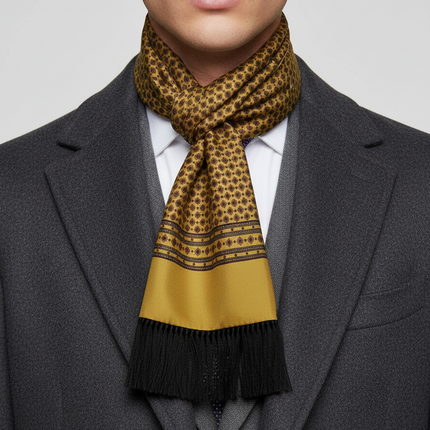 A man wearing a Dolce & Gabbana men's scarf for the designer scarves for men's collection at Ellie Belle