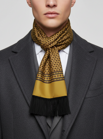 A man wearing a Dolce & Gabbana men's scarf for the designer scarves for men's collection at Ellie Belle