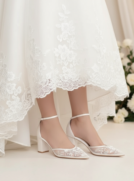 A bride wearing a designer bridal wedding shoe at Ellie Belle in Eden Prairie, MN