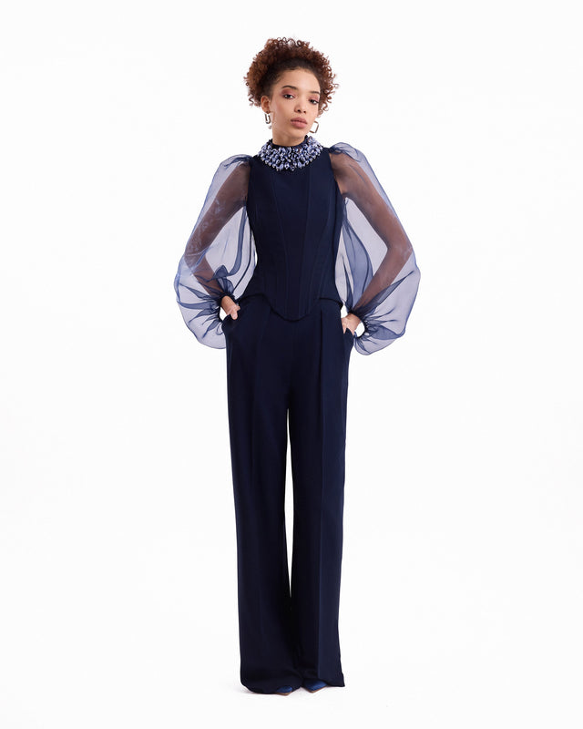 Gemy Maalouf Embellished High-Neck Set No. 7919TP7918TR Blue