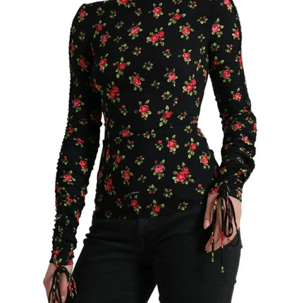 Dolce & Gabbana Black Rose Print Turtle Neck Blouse Top