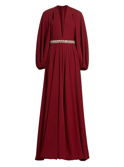 Reem Acra Deep Ruby Crystal-Waist Crepe Gown