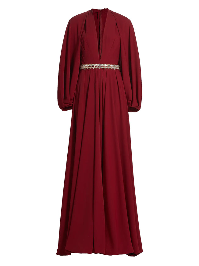 Reem Acra Deep Ruby Crystal-Waist Crepe Gown