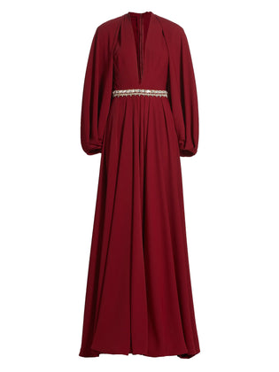 Reem Acra Deep Ruby Crystal-Waist Crepe Gown