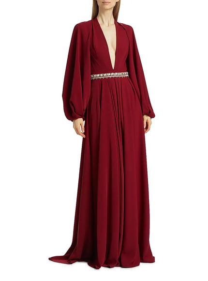 Reem Acra Deep Ruby Crystal-Waist Crepe Gown