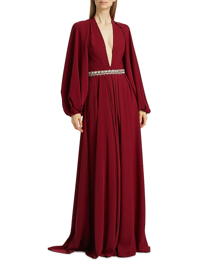 Reem Acra Deep Ruby Crystal-Waist Crepe Gown
