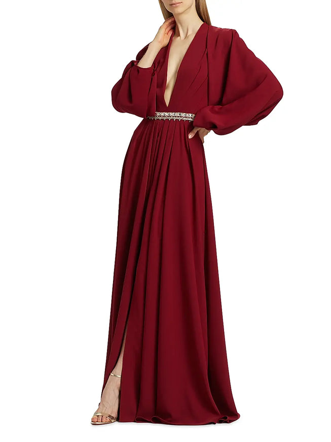 Reem Acra Deep Ruby Crystal-Waist Crepe Gown