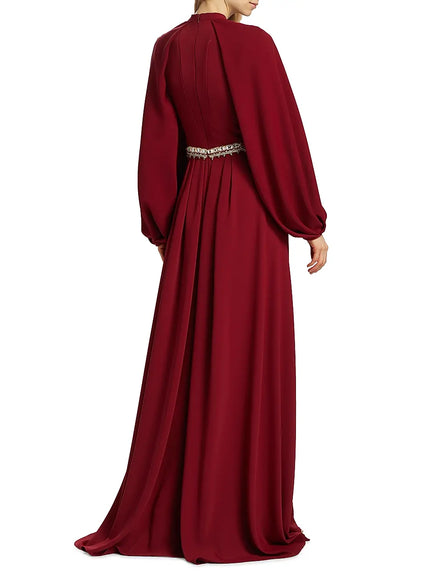Reem Acra Deep Ruby Crystal-Waist Crepe Gown