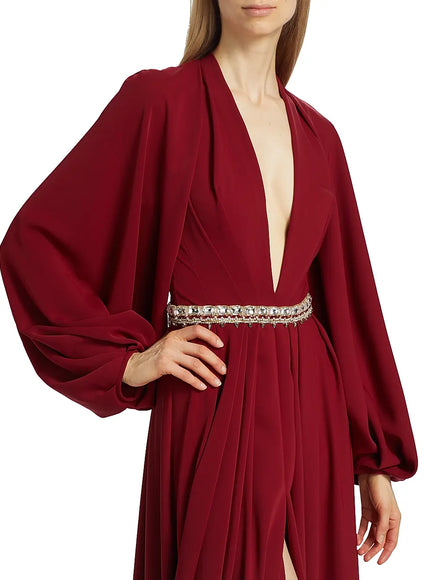 Reem Acra Deep Ruby Crystal-Waist Crepe Gown