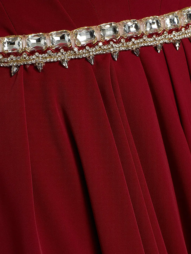 Reem Acra Deep Ruby Crystal-Waist Crepe Gown