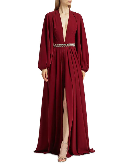 Reem Acra Deep Ruby Crystal-Waist Crepe Gown