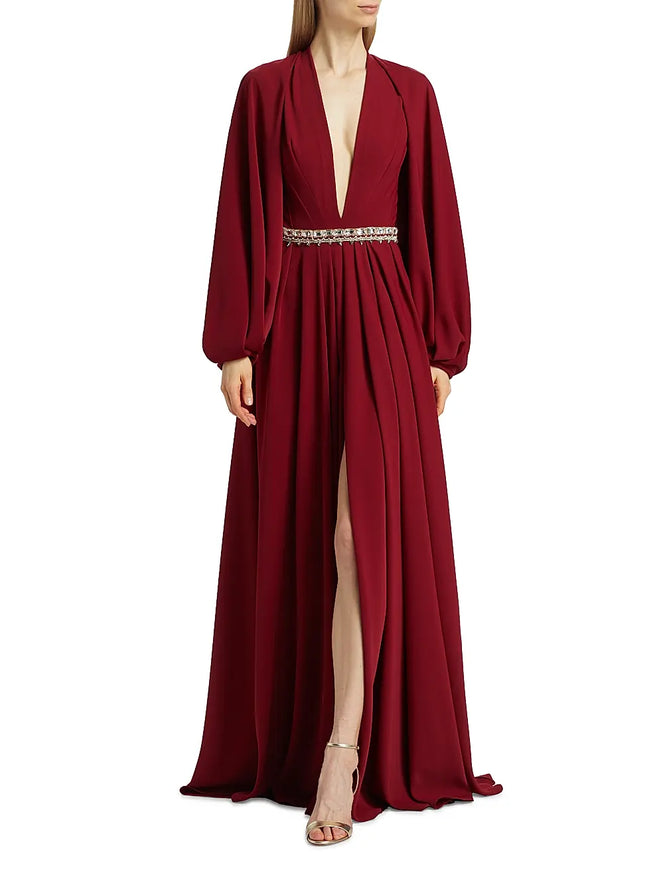 Reem Acra Deep Ruby Crystal-Waist Crepe Gown