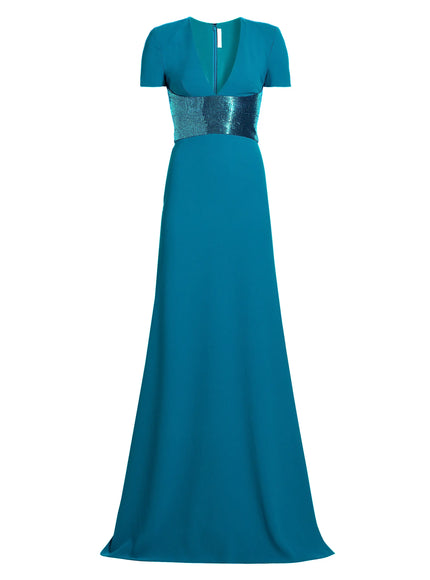 Naeem Khan Sequined-Waist Short Sleeve Gown – Teal