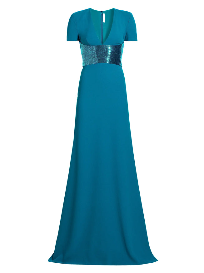 Naeem Khan Sequined-Waist Short Sleeve Gown – Teal