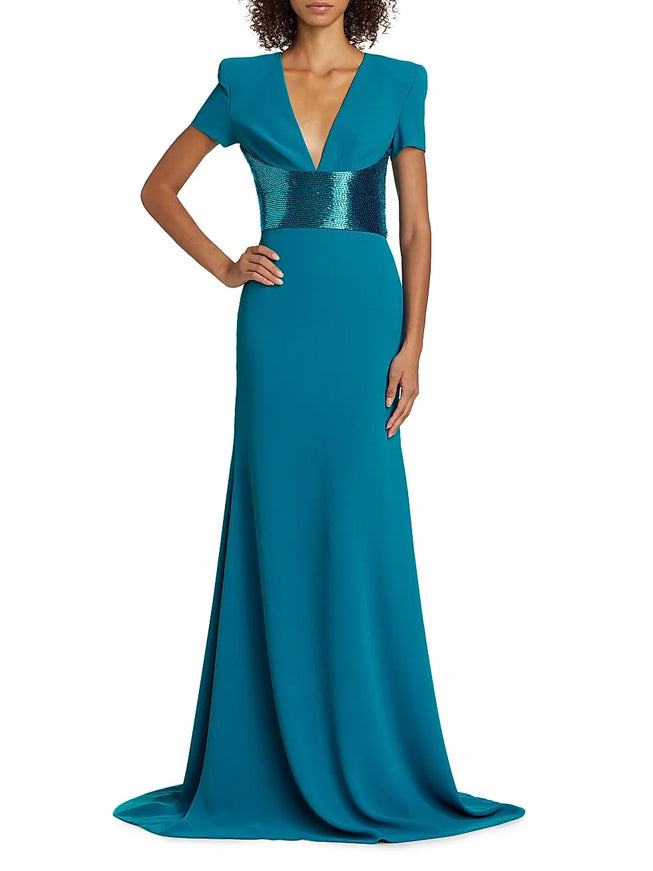 Naeem Khan Sequined-Waist Short Sleeve Gown – Teal