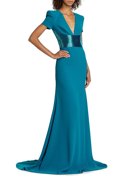 Naeem Khan Sequined-Waist Short Sleeve Gown – Teal