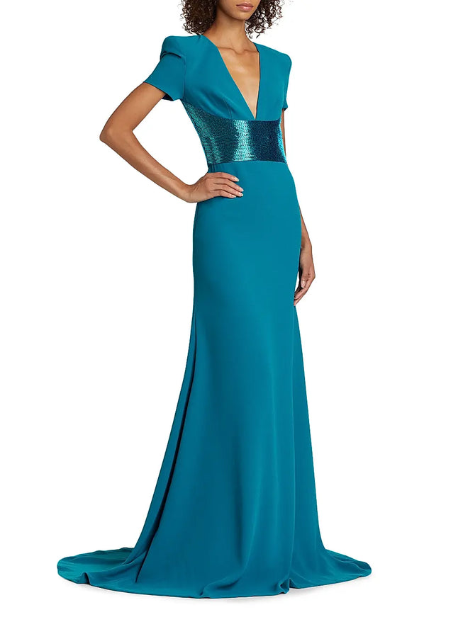 Naeem Khan Sequined-Waist Short Sleeve Gown – Teal