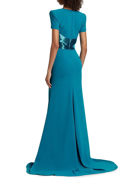 Naeem Khan Sequined-Waist Short Sleeve Gown – Teal