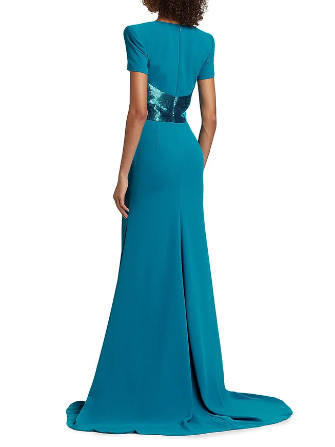 Naeem Khan Sequined-Waist Short Sleeve Gown – Teal