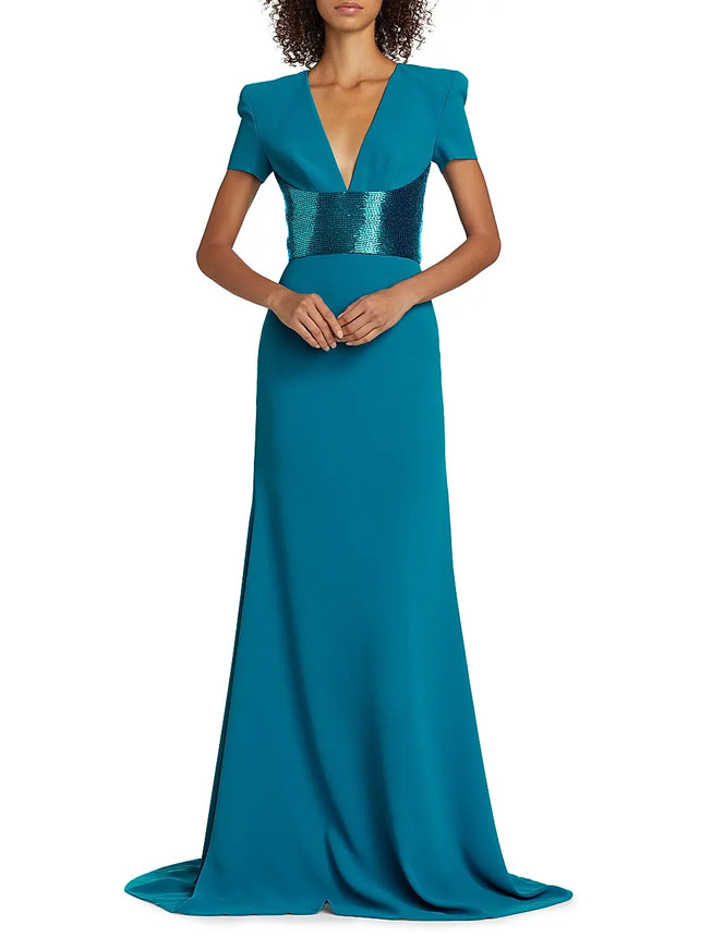 Naeem Khan Sequined-Waist Short Sleeve Gown – Teal