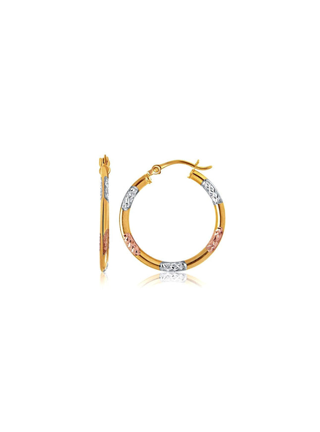 10k Tri-Color Gold Classic Hoop Earrings with Diamond Cut Details - Ellie Belle