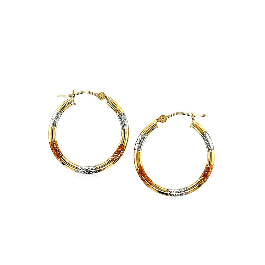 10k Tri-Color Gold Classic Hoop Earrings with Diamond Cut Details - Ellie Belle