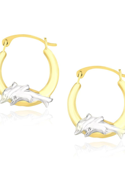 10k Two-Tone Gold Round Graduated Dolphin Design Hoop Earrings - Ellie Belle