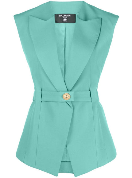 Balmain Sleeveless Belted Wool Jacket In Green