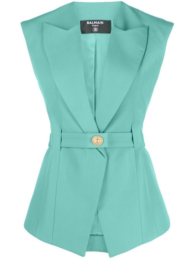 Balmain Sleeveless Belted Wool Jacket In Green