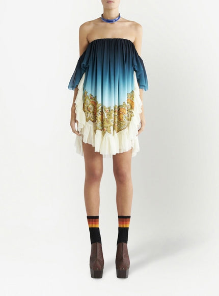 Etro Ombre Off-The-Shoulder Ruffle-Hem Mini Dress