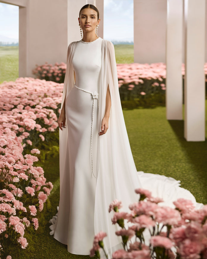 Rosa Clar Couture Riva Wedding Dress Crepe Halter with Cape Train, US 4 / Ivory Rosa Clar Couture Riva Wedding Dress Crepe Halter with Cape Train, US 4 / Ivory