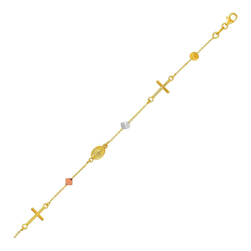 14k Tri Color Gold Bracelet with Crosses Cubes and Medallions - Ellie Belle