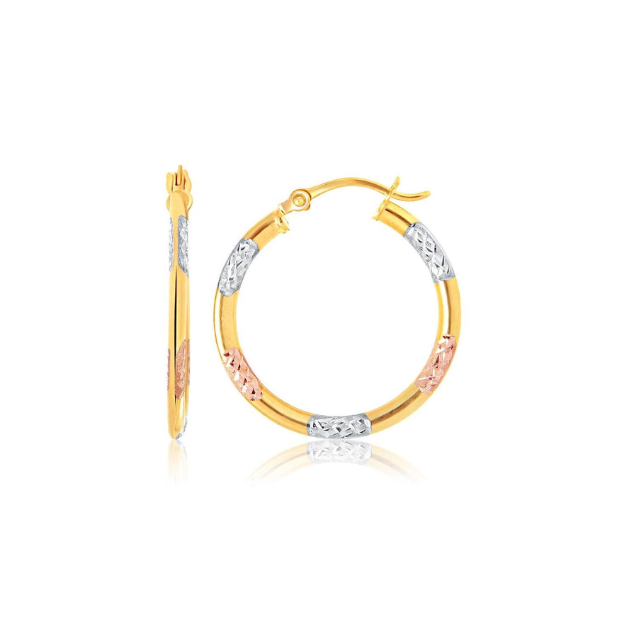 14k Tri-Color Gold Classic Hoop Earrings with Diamond Cut Details - Ellie Belle