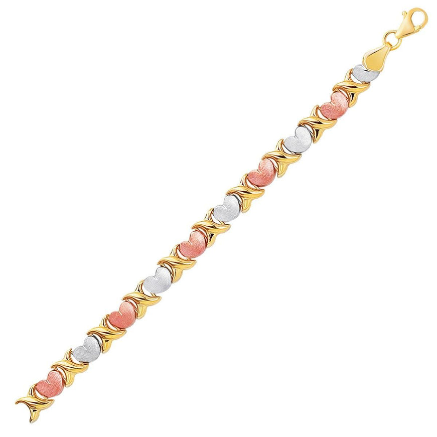 14k Tri-Color Gold Fancy Satin Heart Line Bracelet - Ellie Belle