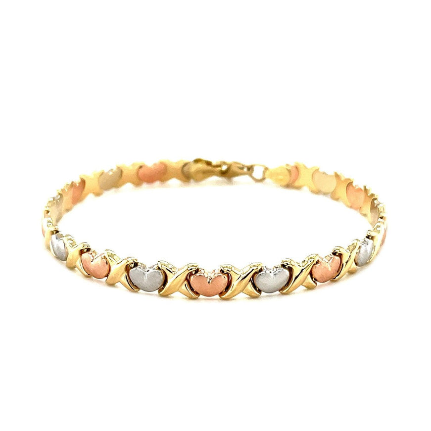 14k Tri-Color Gold Fancy Satin Heart Line Bracelet - Ellie Belle