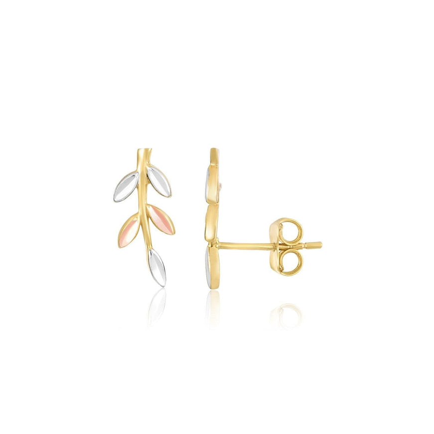 14k Tri-Color Gold Sprig Climber Style Stud Earrings - Ellie Belle