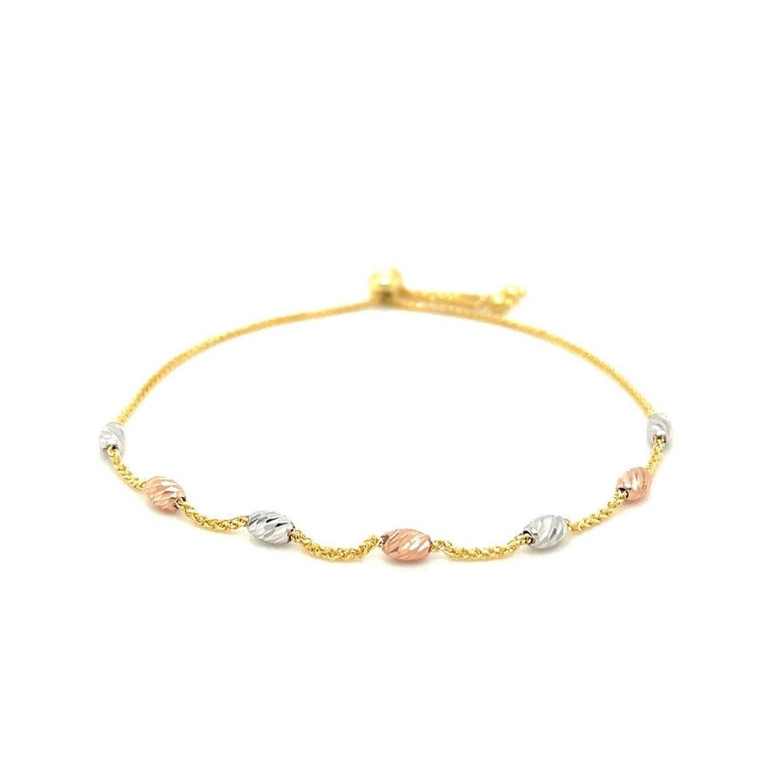 14k Tri-Color Gold Textured Oval Station Lariat Style Bracelet - Ellie Belle