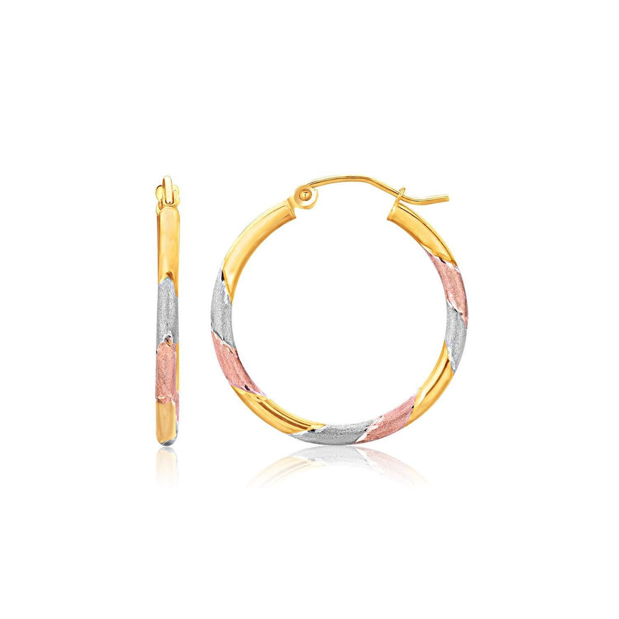 14k Tri-Color Textured Hoop Earrings (1inch Diameter) - Ellie Belle