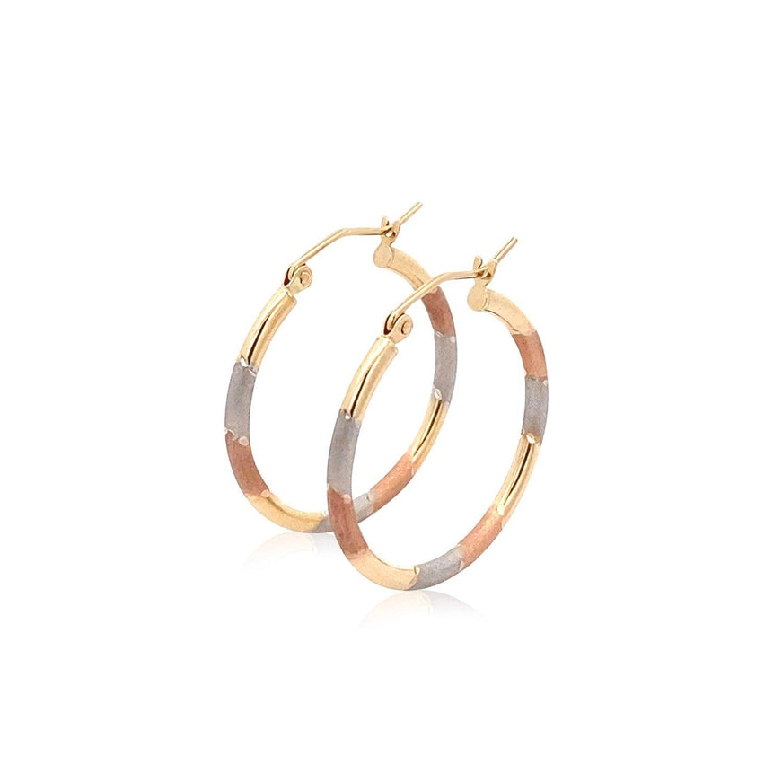 14k Tri-Color Textured Hoop Earrings (1inch Diameter) - Ellie Belle