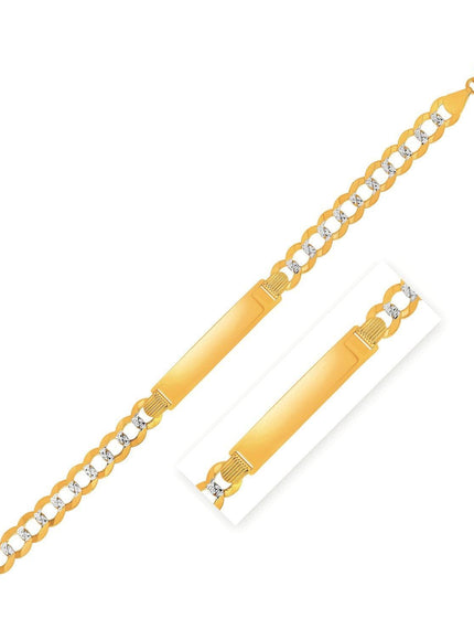 14k Two Tone Gold 8 1/2 inch Mens Narrow Curb Chain ID Bracelet with White Pave - Ellie Belle