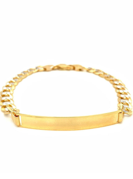 14k Two Tone Gold 8 1/2 inch Mens Narrow Curb Chain ID Bracelet with White Pave - Ellie Belle