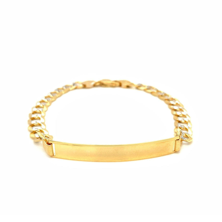 14k Two Tone Gold 8 1/2 inch Mens Narrow Curb Chain ID Bracelet with White Pave - Ellie Belle