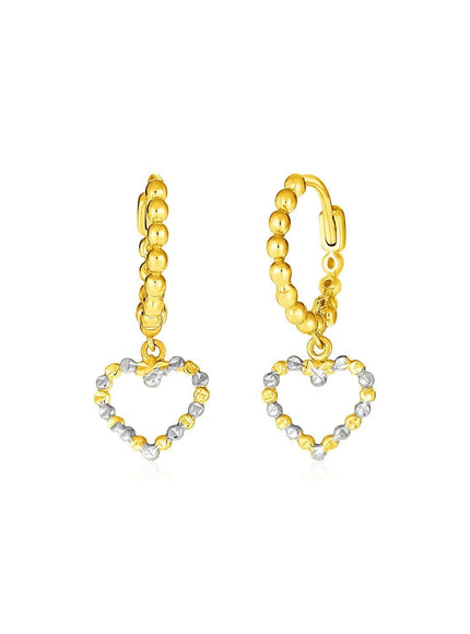 14k Two Tone Gold Beaded Hoop Earrings with Hearts - Ellie Belle